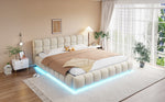 Upholstered Double Bed with Light Strip and Hydraulic Storage, 180x200cm, Beige Velvet Fabric