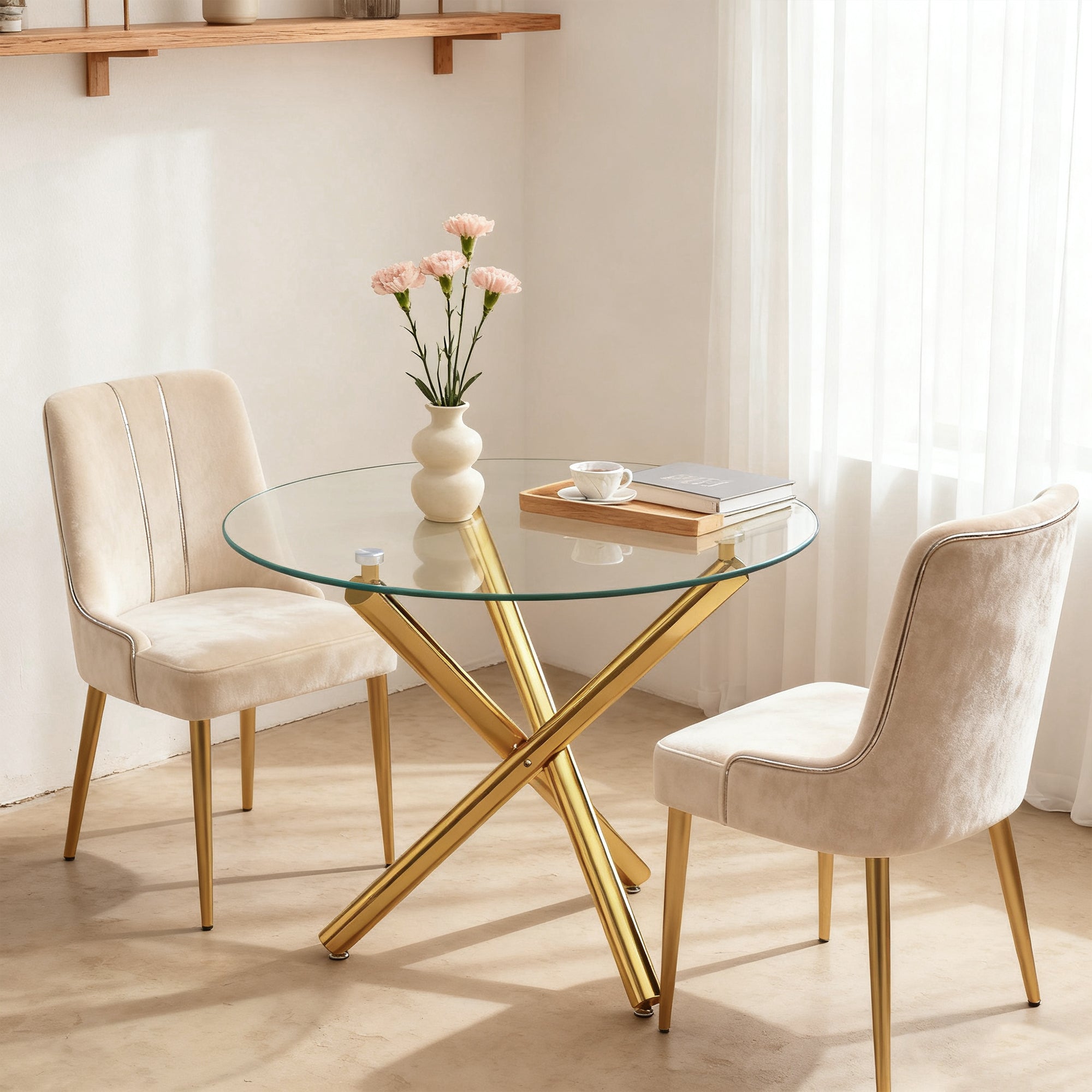 Round Dining Table Tempered Glass Top Gold Legs 80x80cm
