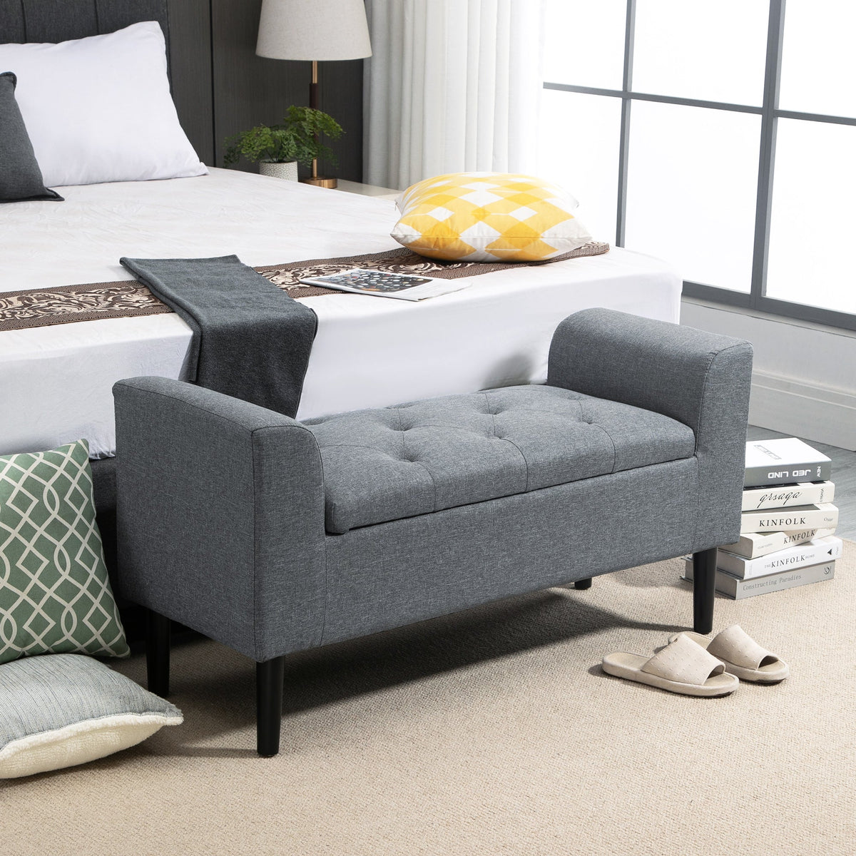 Storage Bench, Upholstered with Wooden Legs, Light Grey