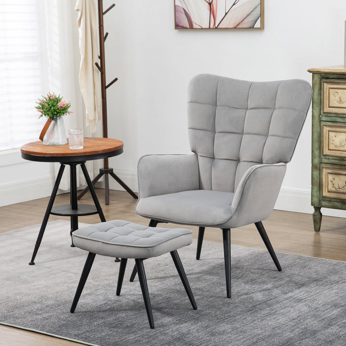 Wingback Chair with Footstool, Upholstered, Velvet Look, Light Grey