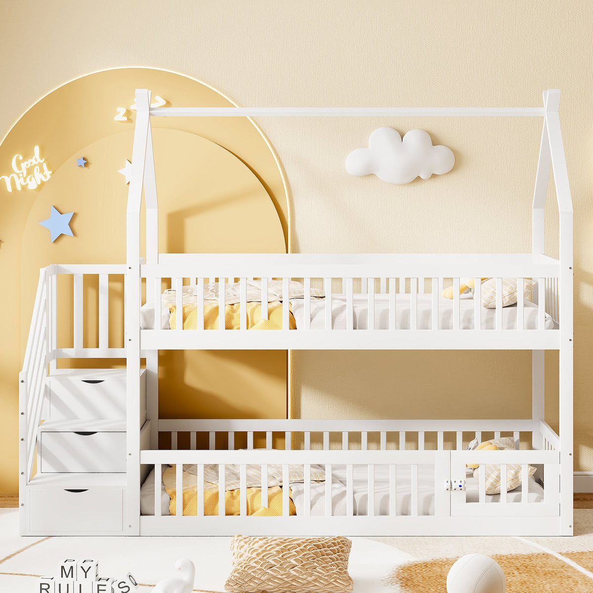 Children's Bunk Bed, 90x200, with Roof, Safety Ladder & Storage Drawers, Solid Wood White