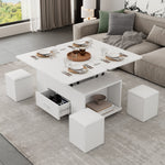 Coffee Table, Height-Adjustable 4-in-1 Multifunctional with Drawers and 4 Stools, White