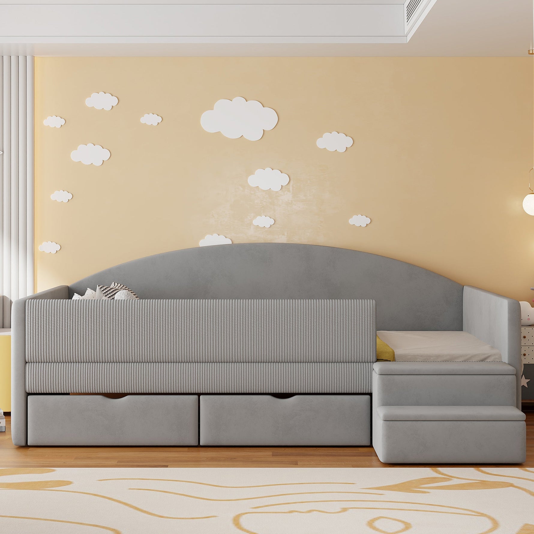 Multifunctional Upholstered Sofa Bed with Two Drawers, Railings and Steps, 90x190cm, Light Grey Velvet
