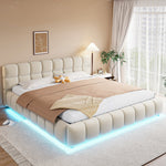 Upholstered Double Bed with Light Strip and Hydraulic Storage, 180x200cm, Beige Velvet Fabric