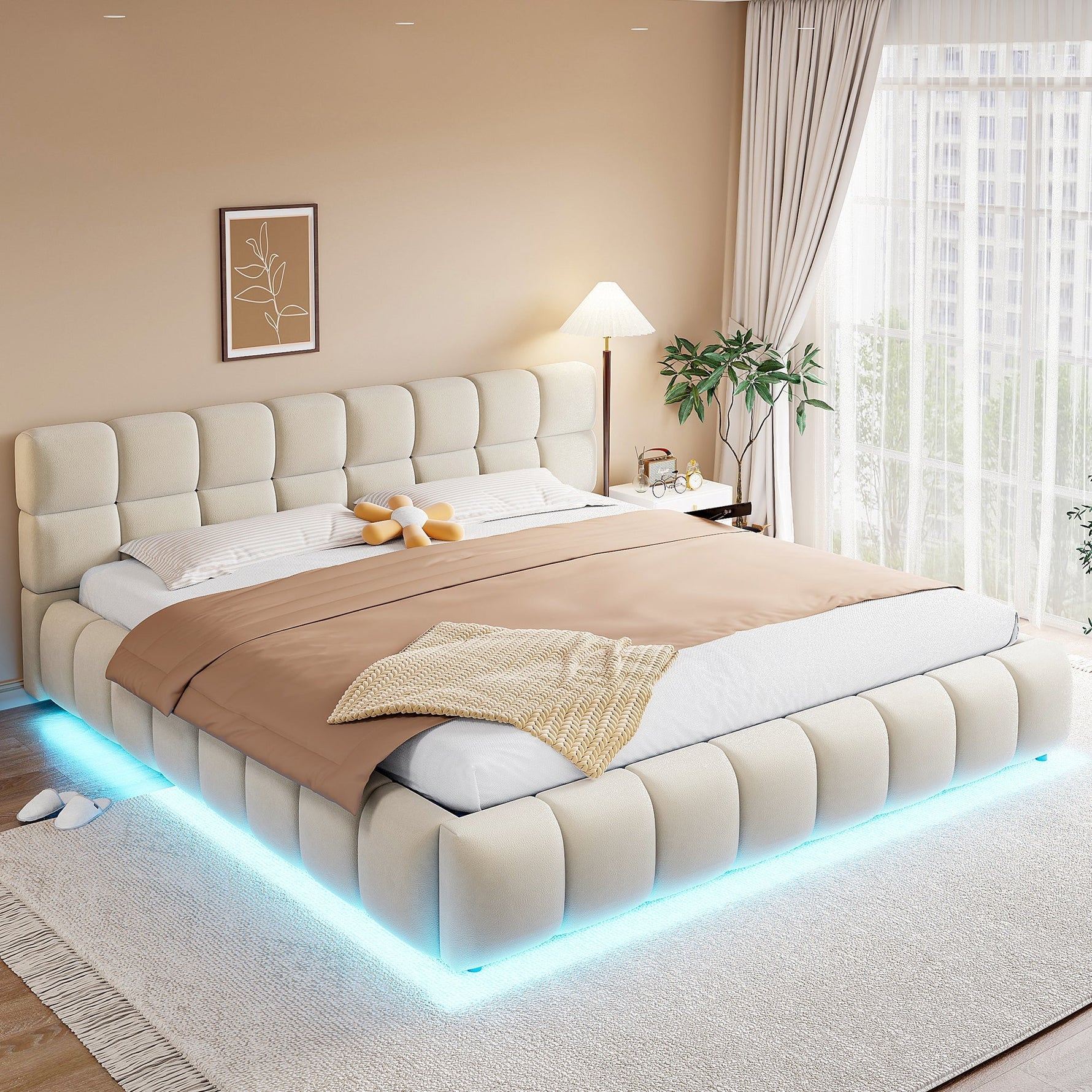 Upholstered Double Bed with Light Strip and Hydraulic Storage, 180x200cm, Beige Velvet Fabric