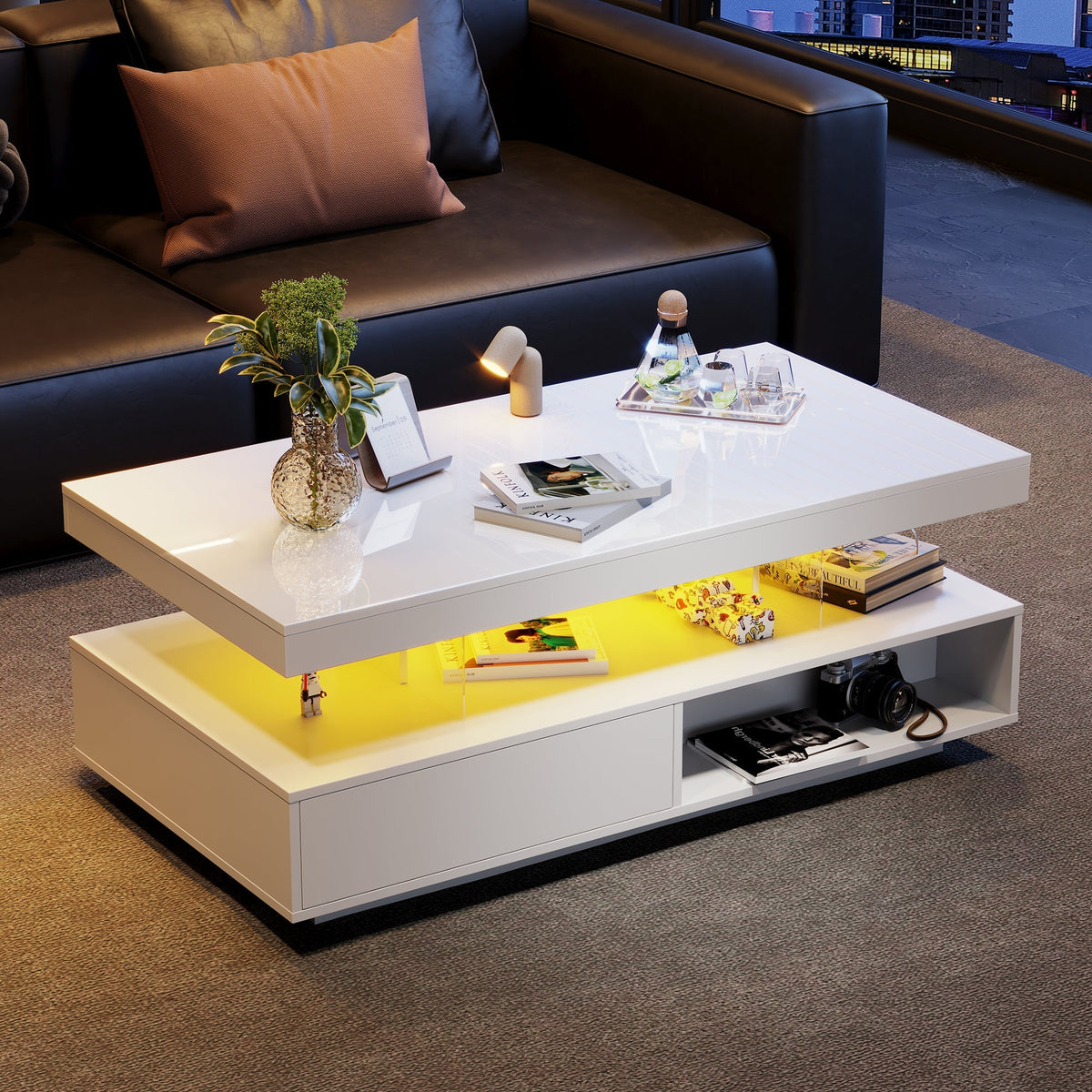 Coffee Table 95x50x42.5 cm with 4 Glass Tops, 2 Drawers, 2 Open Compartments, White High-Gloss