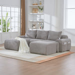 Modular Corduroy Sofa 3-Seater 2 Ottomans Cup Holders Storage Light Grey