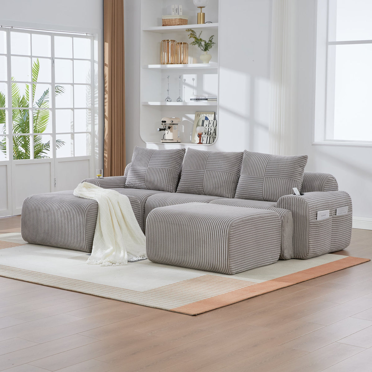 Modular Corduroy Sofa 3-Seater 2 Ottomans Cup Holders Storage Light Grey