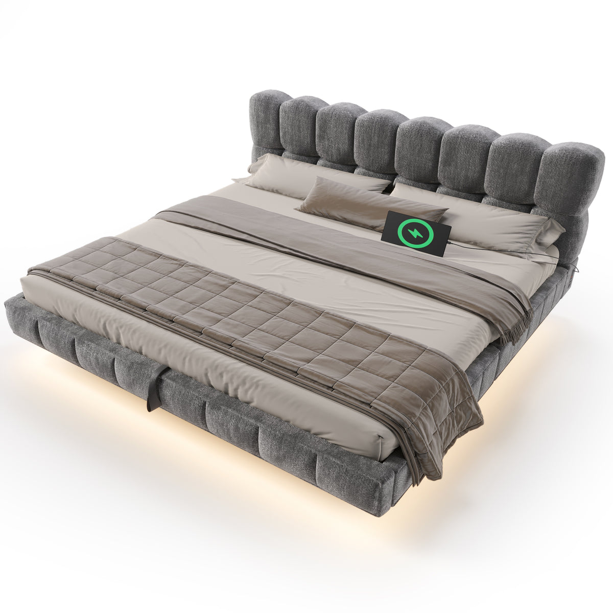 Upholstered Cloud Bed 180x200cm Hydraulic Storage LED, Grey Chenille