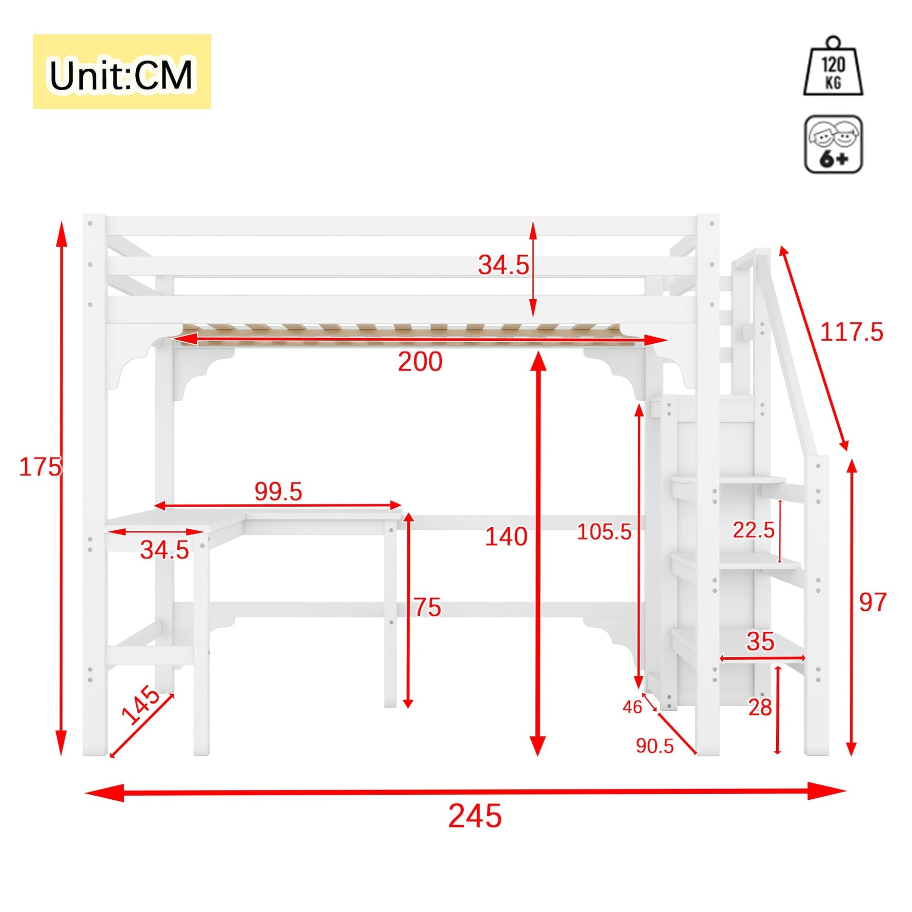 Loft Bed 140x200cm L-Shaped Desk Open Wardrobe Pine Wood White