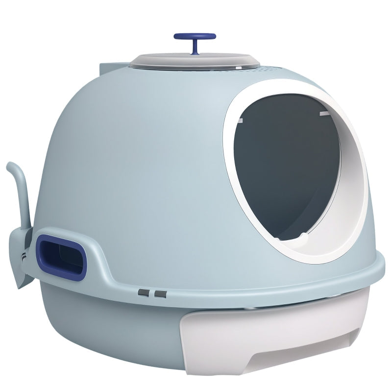 Cat Litter Box with Skylight, Bottom Tray & Scoop, Portable, Lake Blue PP ABS