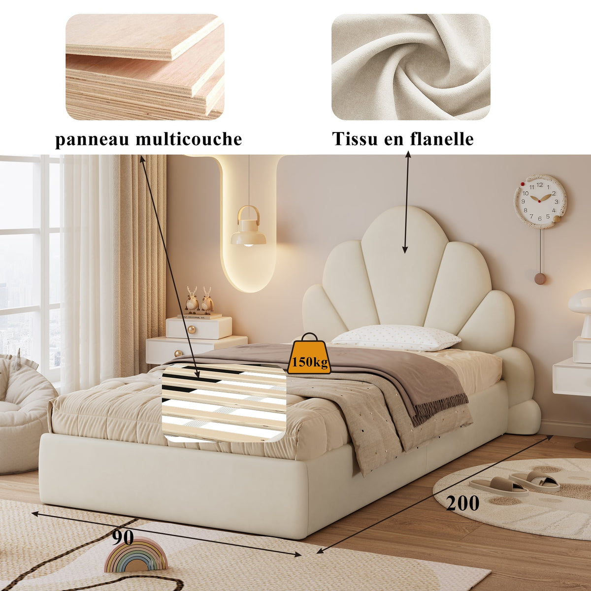 Single Upholstered Bed Curved Petal Headboard 90x200cm, Beige Velvet