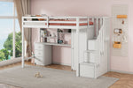 Bunk Bed 90x200cm with Desk, Wardrobe, Stair Storage - White