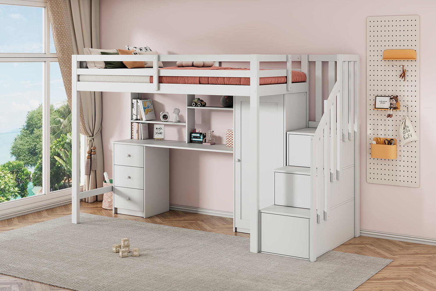 Bunk Bed 90x200cm with Desk, Wardrobe, Stair Storage - White