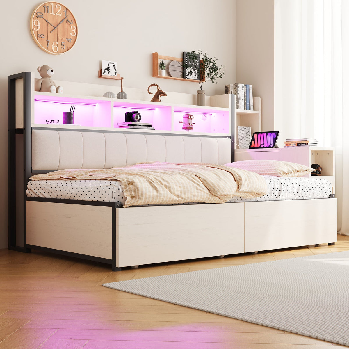 Iron Sofa Bed 90x200cm Storage Drawers Desk LED White