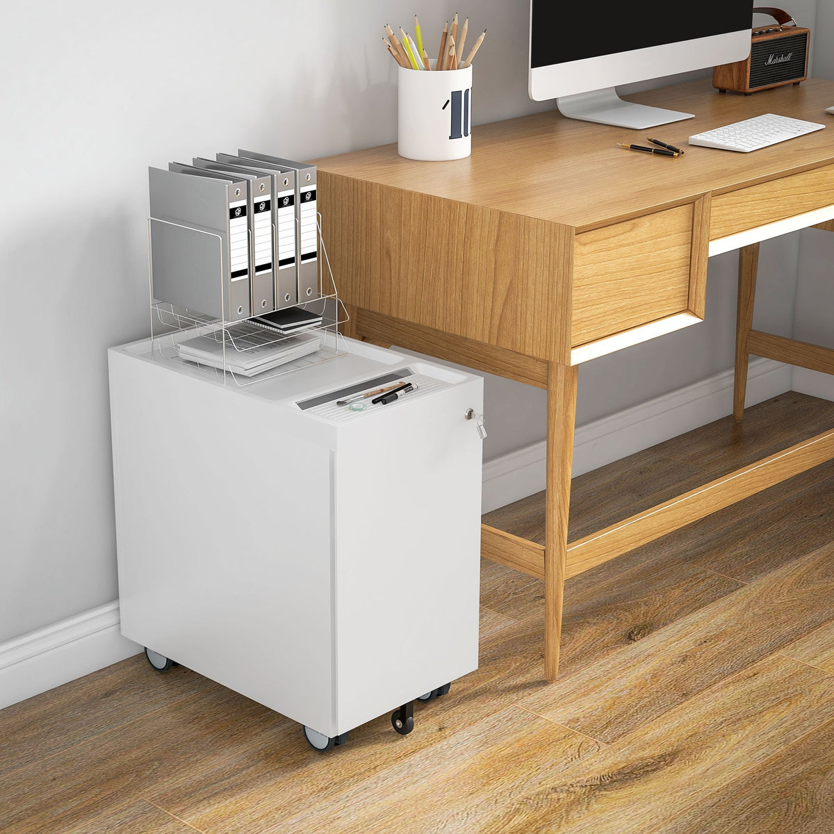 Mobile Filing Cabinet, 3 Drawers Lock A4 Legal Hanging Files, Steel White