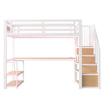 Metal Loft Bed with LED Light, Power Socket, Storage Ladder, Shelves and Desk, 90x200cm, White Metal