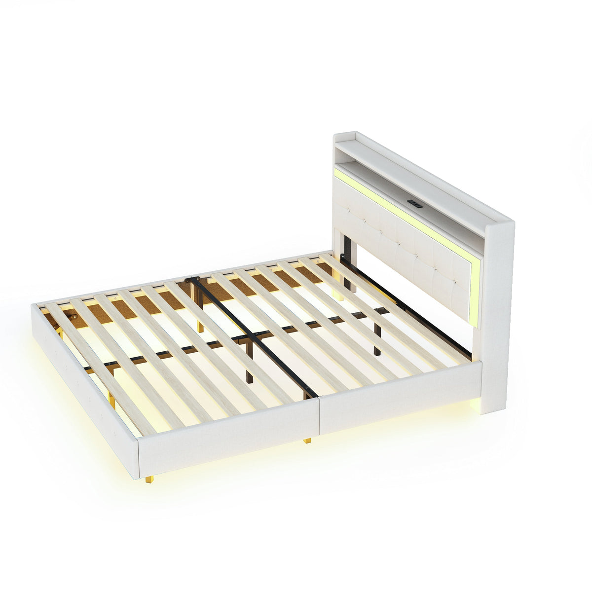 Upholstered Bed 140*200 with USB & LED Light, Linen Beige