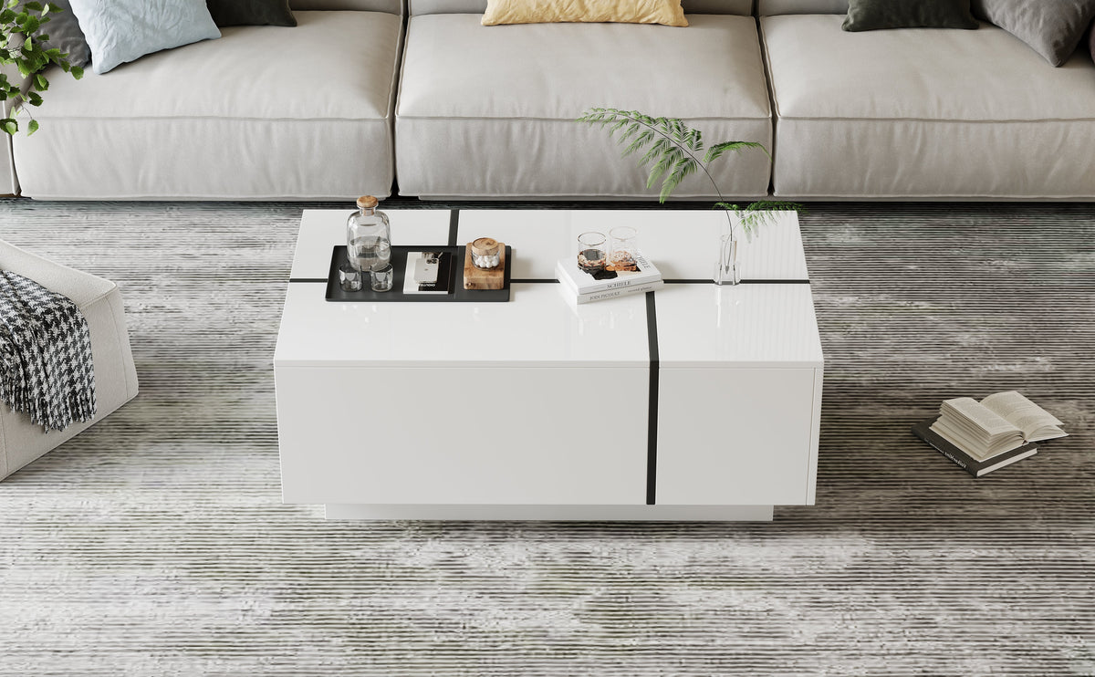 Coffee Table Square, 4 Drawers Sliding Top High-Gloss Finish, White