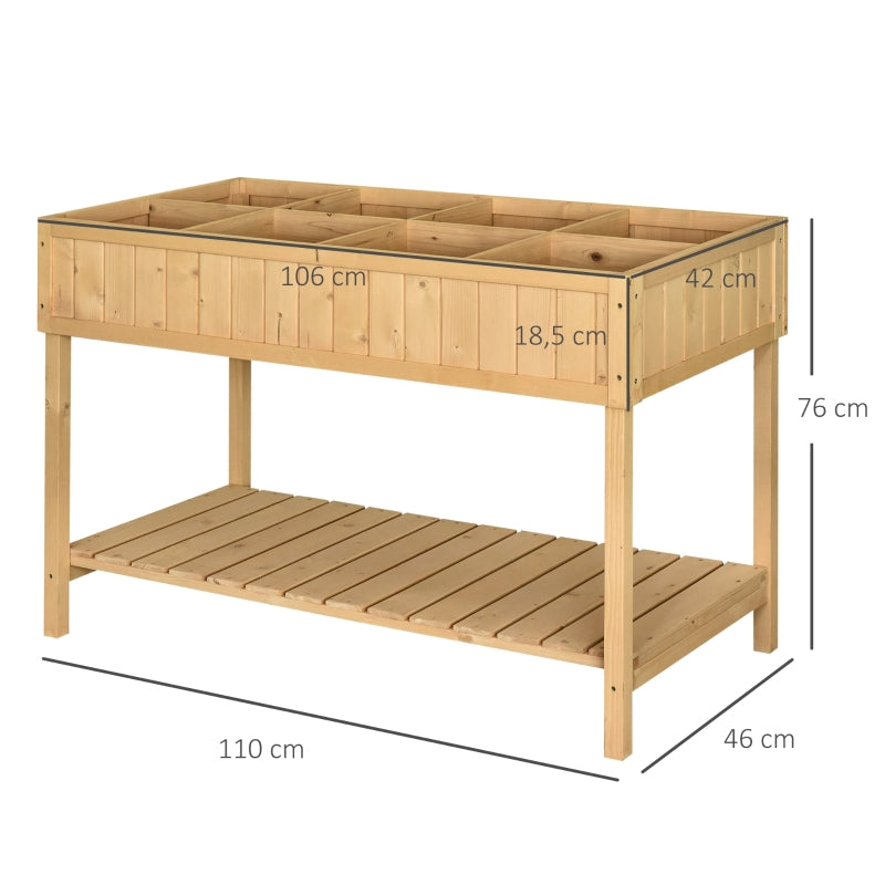 Planting Table Raised Bed, 8 Compartments with Drainage, Fir Solid Wood