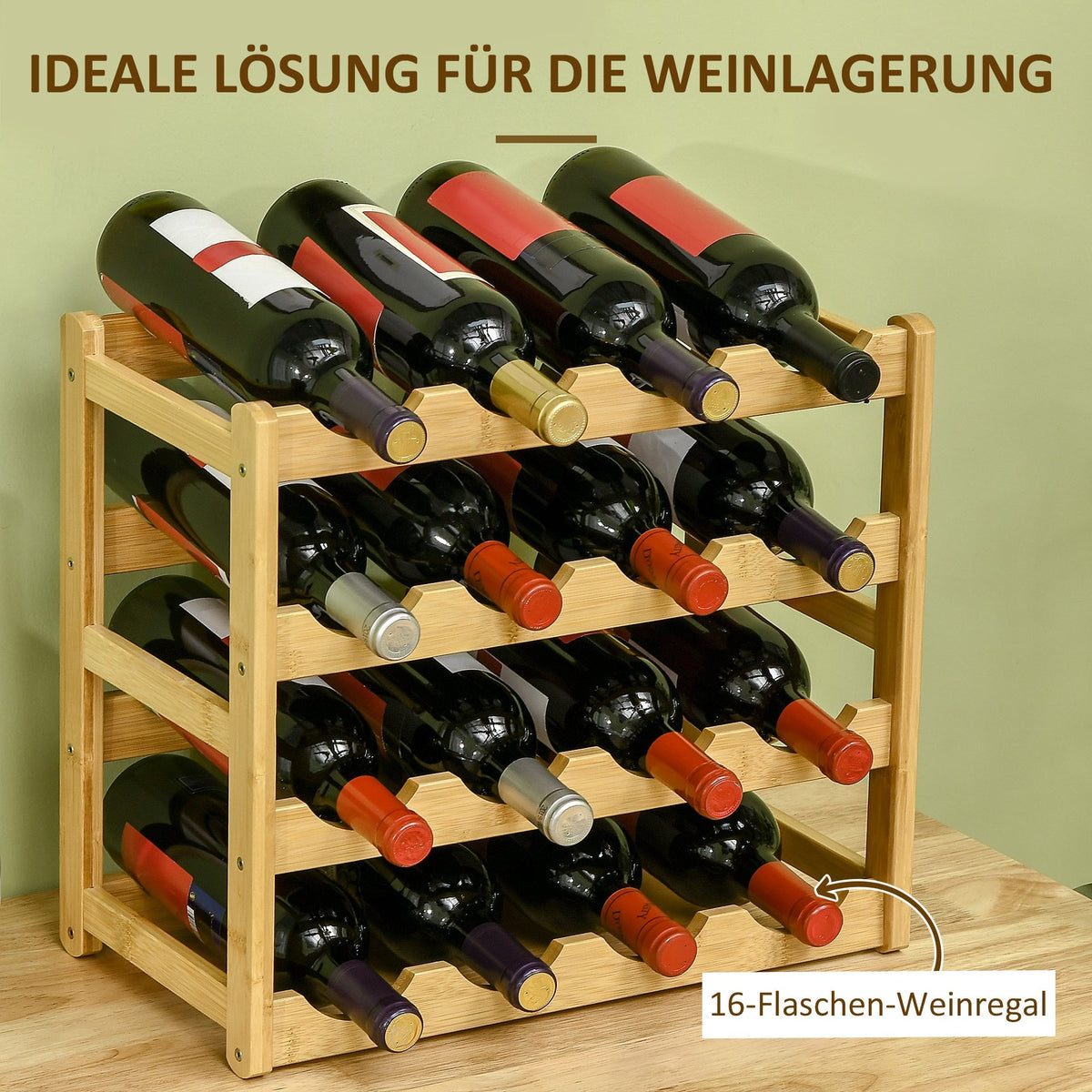 Bamboo Wine Rack, 16 Bottles, Natural Wood