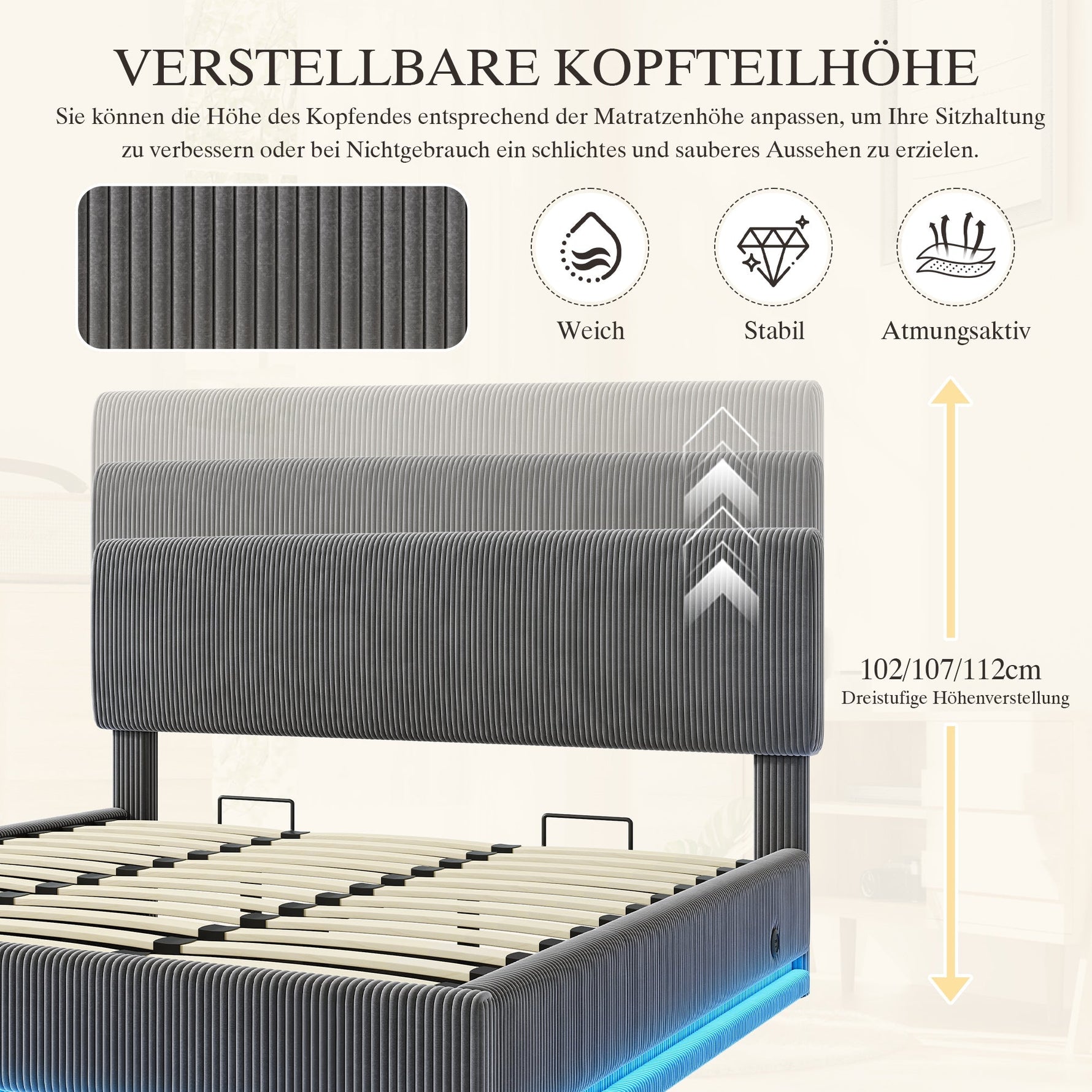 Modern Upholstered Bed with LED Lighting, USB-C and Under-Bed Storage, Gray Corduroy