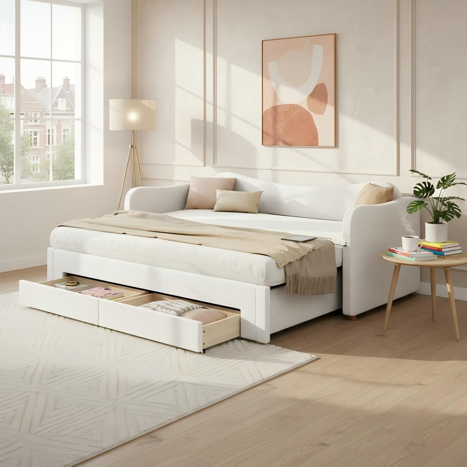 Upholstered Daybed with 2 Drawers, USB Port, 90x200cm Extendable to 180cm, Beige Velvet