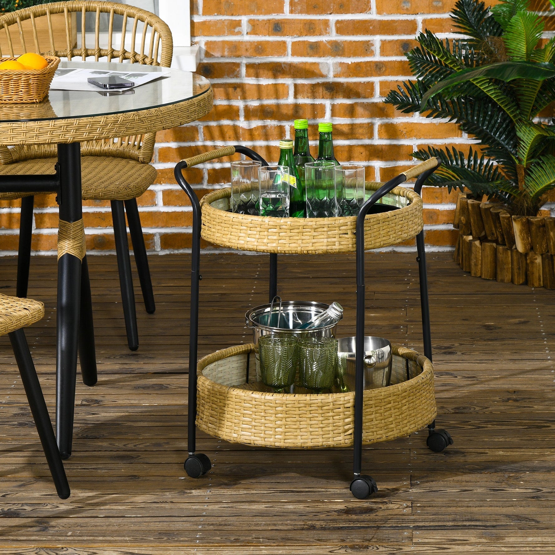 Serving Cart, 2 Shelves, Rattan, Natural