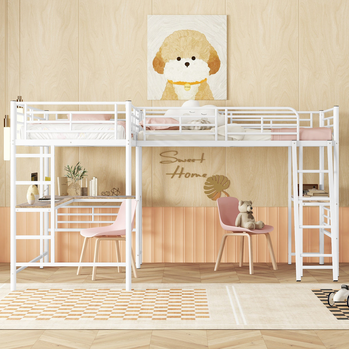 Loft Bed 90x200cm with Desk & Double Staircase, White