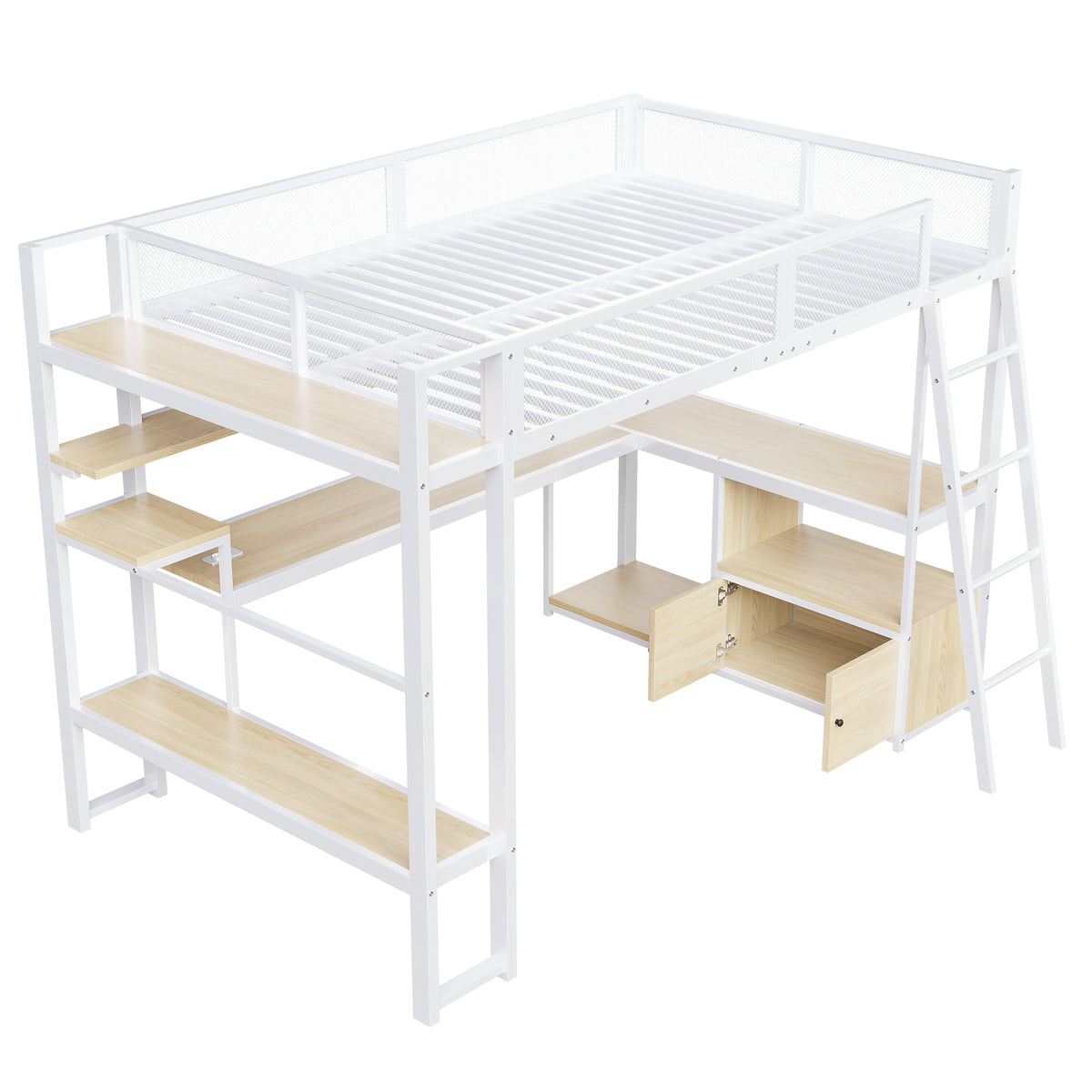 Gaming Loft Bed 140x200cm with Workspace & LED, White Metal