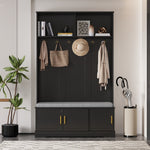 Coat rack with shoe bench wardrobe, 6 triple hooks, freestanding, space-saving, black