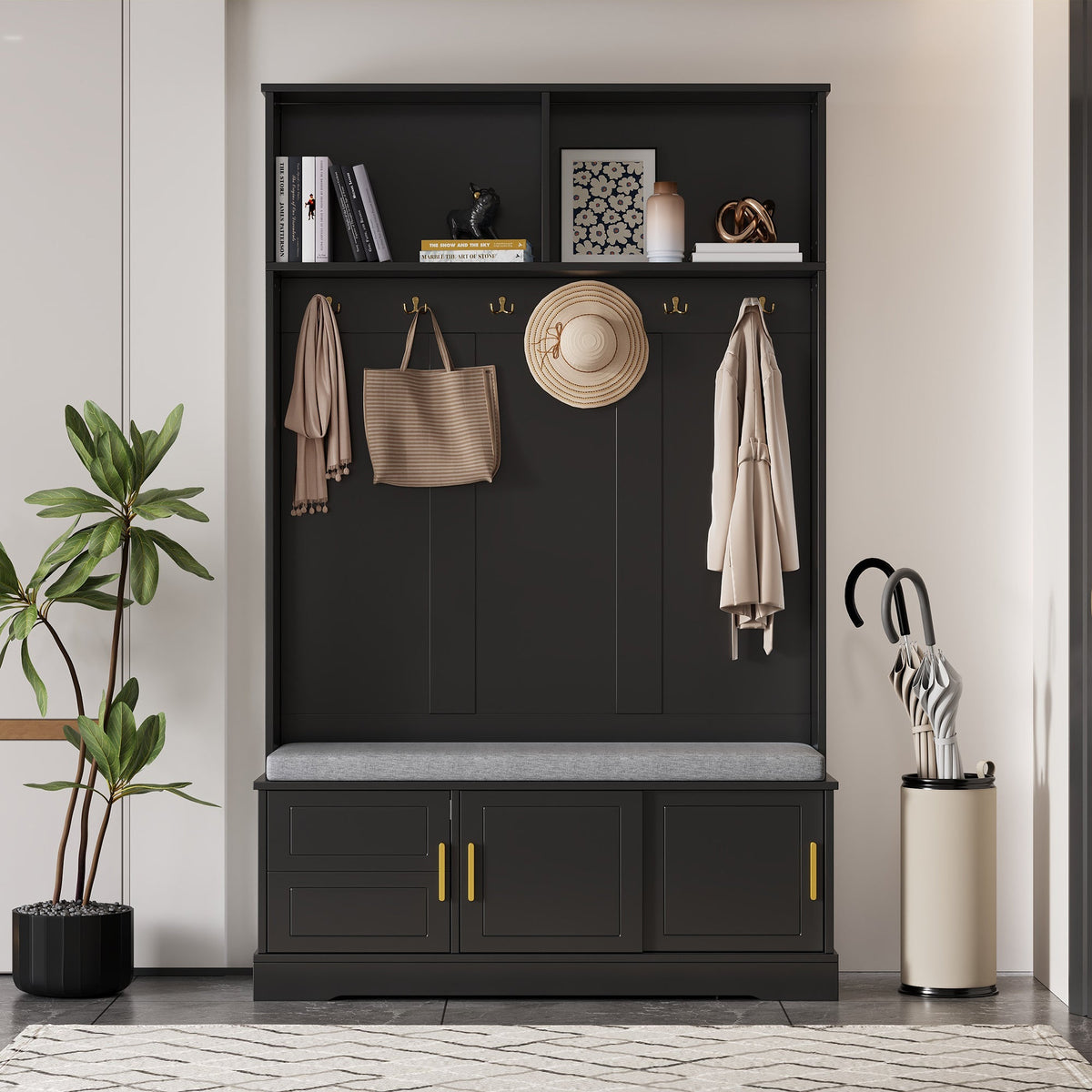 Coat rack with shoe bench wardrobe, 6 triple hooks, freestanding, space-saving, black