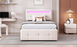 Upholstered Children's Bed 90x200cm, LED, Hydraulic Storage, Adjustable Headboard, Velvet Beige