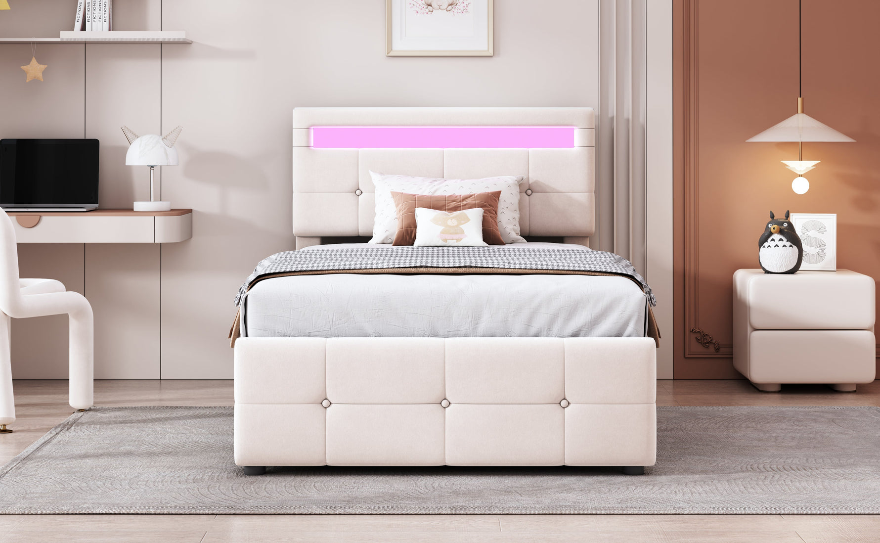 Upholstered Children's Bed 90x200cm, LED, Hydraulic Storage, Adjustable Headboard, Velvet Beige