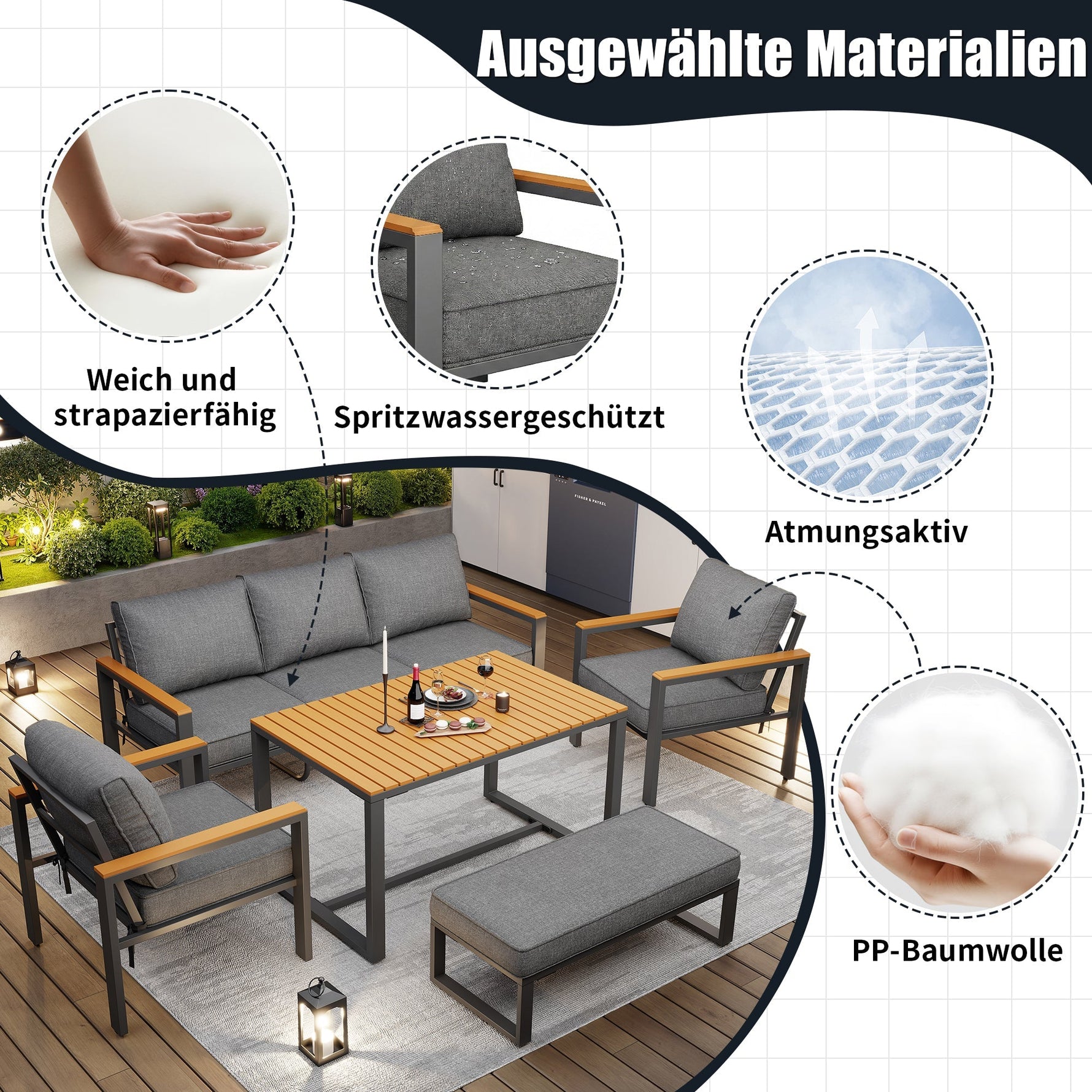Garden Lounge Set for 6-7 People, Weatherproof Seating Group, Galvanized Iron Frame