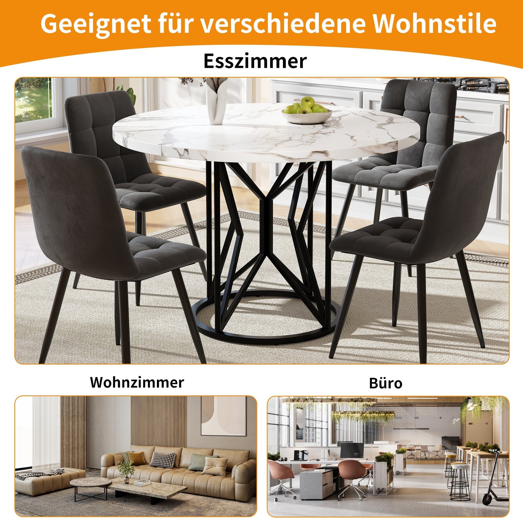 Round Dining Table 100cm 4-6 Seater Metal Geometric Legs - Black