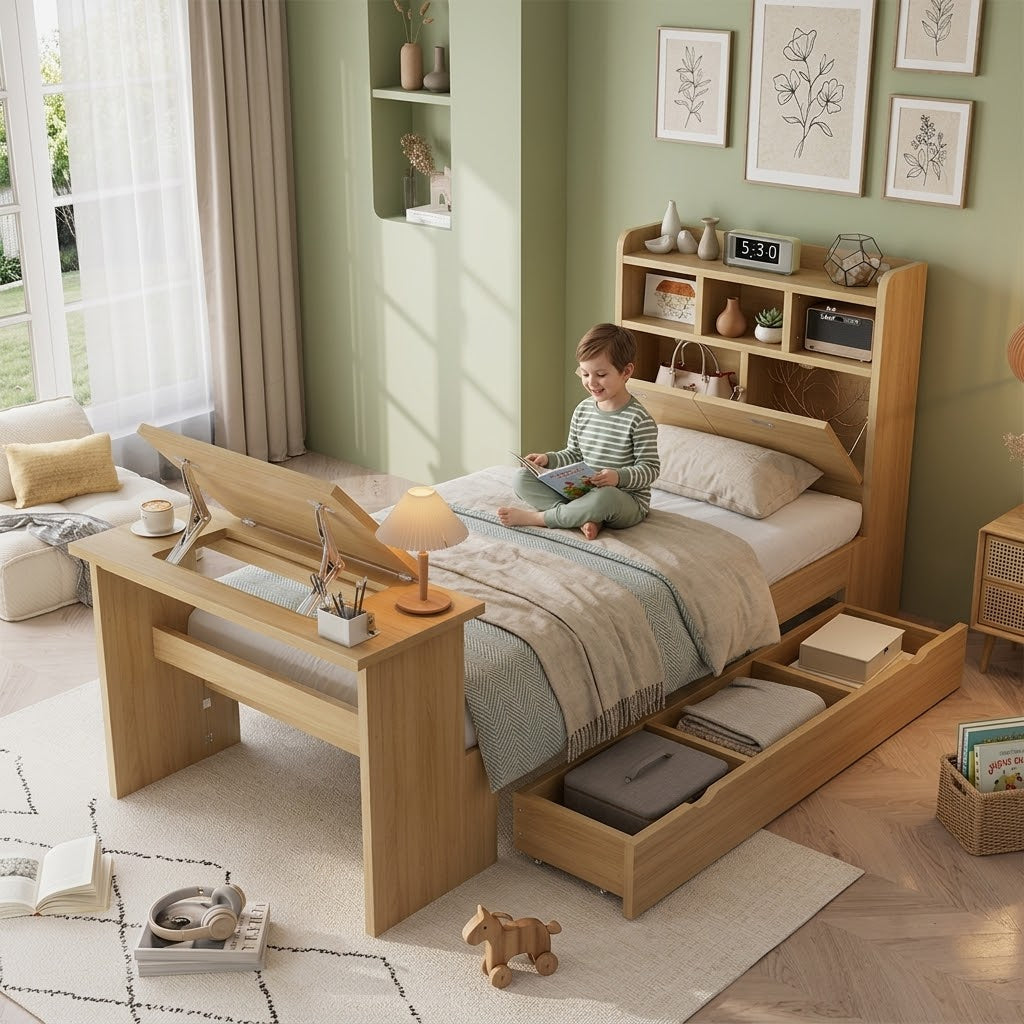 Children's Single Bed 90x200cm with Drawer & Table, Natural Wood