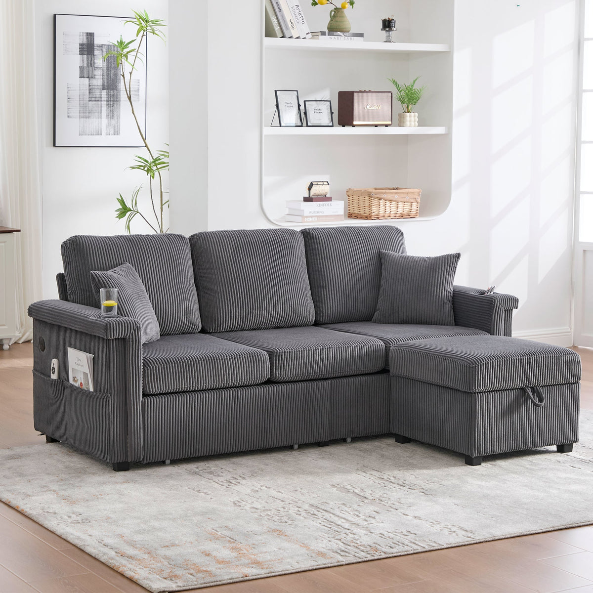 Velvet Sofa LED USB-C Storage Footrest Cup Holders, Dark Grey
