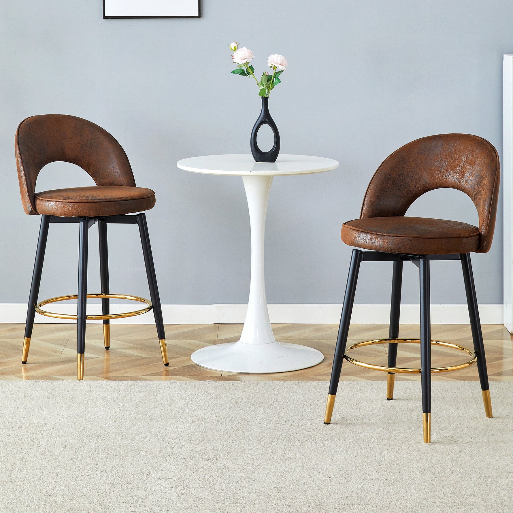 Bar Stool, 360° Swivel Padded Set of 2, Brown Technical Fabric