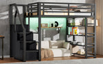 140x200 Metal Loft Bed with Wardrobe, Cabinets and LED Lighting, Black