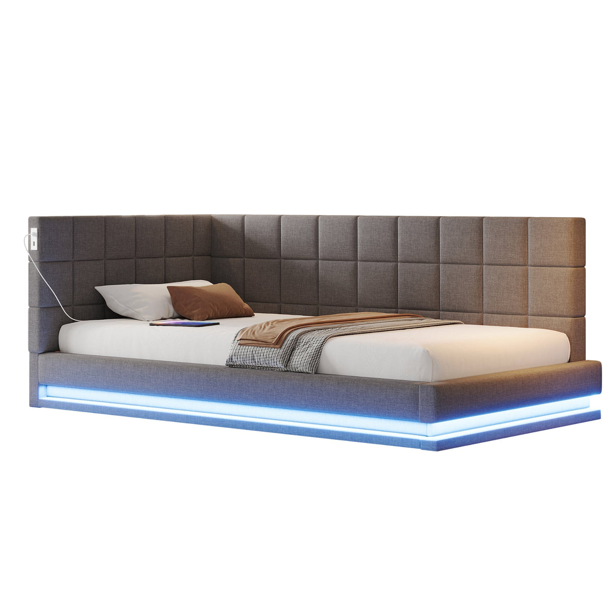 Upholstered Bed Sofa, 90x200 Multifunctional with LED & USB, Linen Fabric Grey