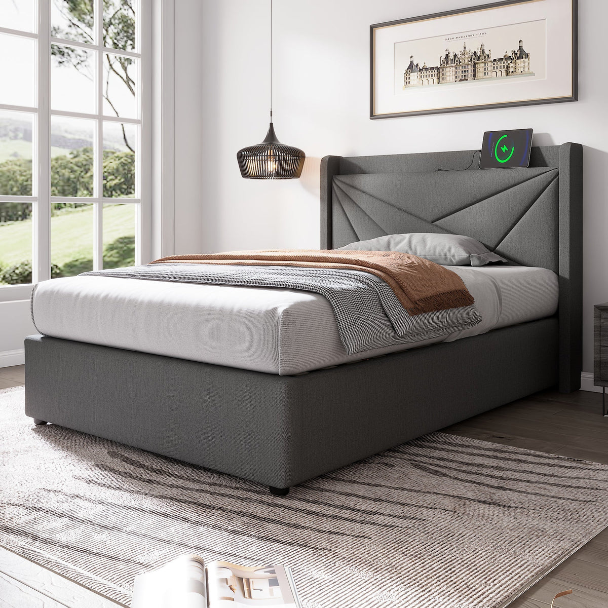 Upholstered Bed, Single Storage with USB Type C Headboard, Linen