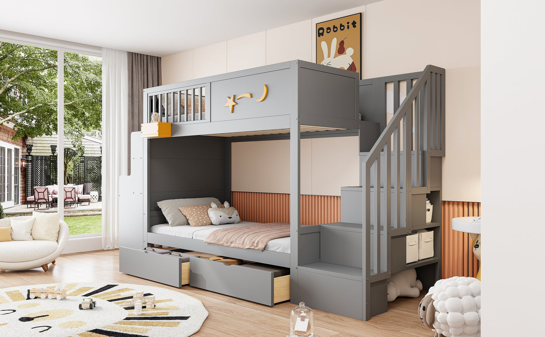 Bunk Bed with Desk, Storage Drawers and Star Motif, 90x200cm, Grey Pine Wood