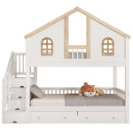 Bunk Bed, Children's with Safety Gate, Drawers & Storage Stairs, Pine+MDF, White+Natural