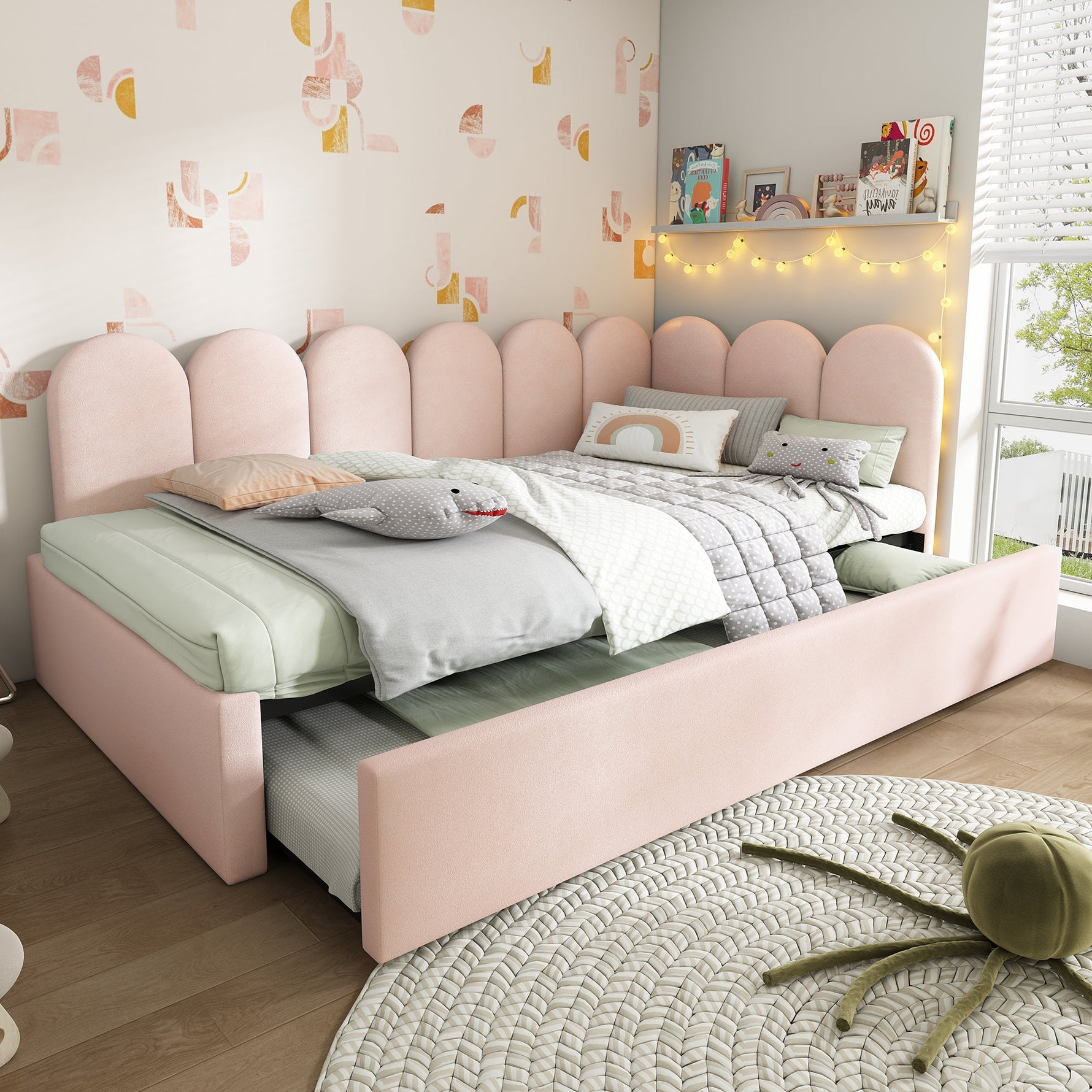 Upholstered Daybed Sofa Bed with Pull-out (90x200cm/90x190cm) Slatted Base, Velvet Pink