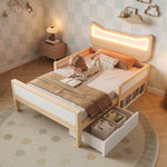 Children's Bed with Cat Ear Headboard, RGB LED Lighting, Storage Drawer and Safety Rails, 90x190cm, White and Oak