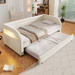 Upholstered Platform Bed 90x200 with Pull-Out Bed & LED - Beige