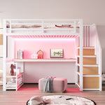 Metal Loft Bed with LED Light, Power Socket, Storage Ladder, Shelves and Desk, 90x200cm, White Metal