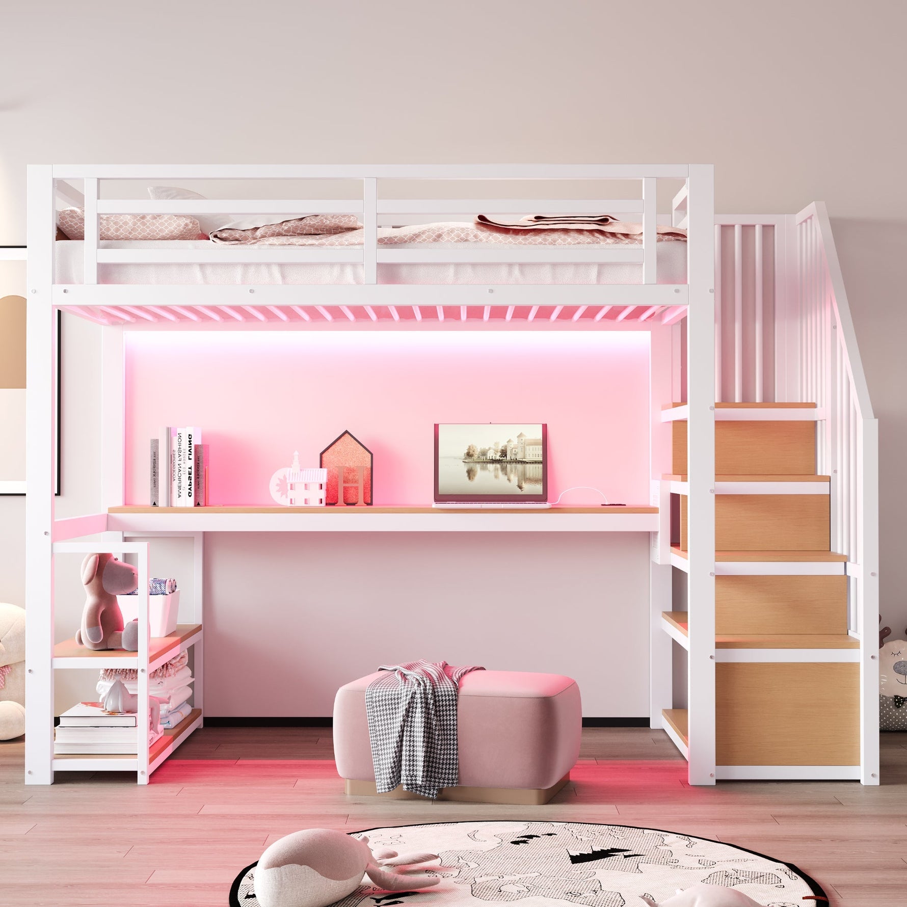 Metal Loft Bed with LED Light, Power Socket, Storage Ladder, Shelves and Desk, 90x200cm, White Metal