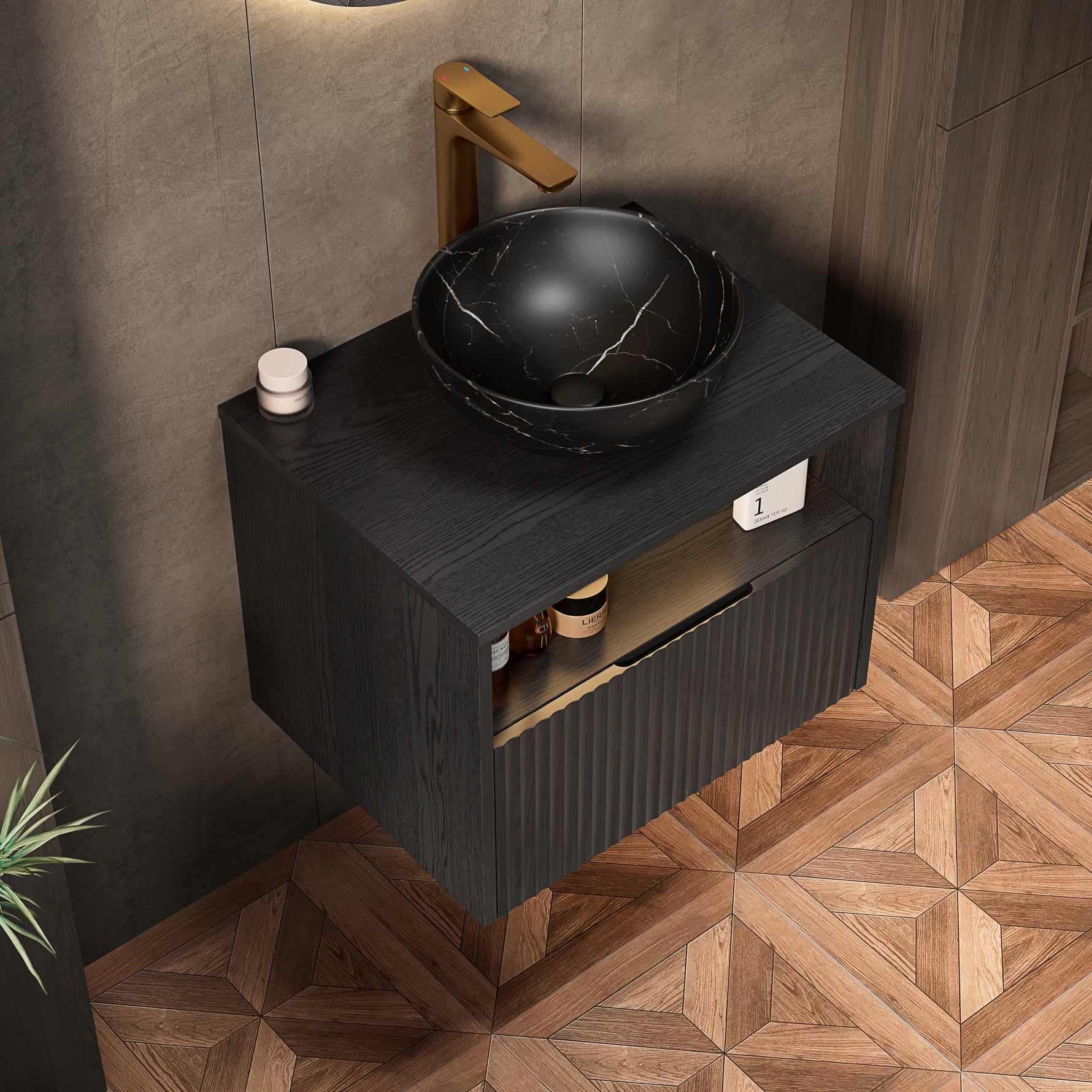 Floating Bathroom Washbasin with Ceramic Bowl and Sensor Light, 60cm Plywood Cabinet, Black